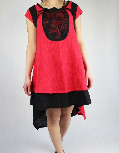 Women Summer dress asymmetric ethnic linen dress in Red