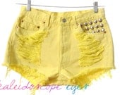 Vintage Levis 501 Lemon Yellow Dyed  DESTROYED Denim High Waist STUDDED Cut Off  Shorts S