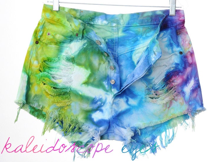 Vintage Levis 501 Colorful MARBLED Dyed DESTROYED High Waist Denim Cut Off Shorts XL
