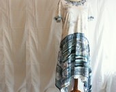 Recycled Dress Blue White Size L Asymmetrical Patchwork Upcycled Woman's Clothing Romantic Dress Funky Shabby Chic Style Upcycled Clothing