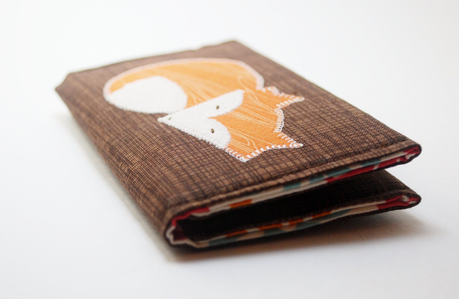 Business Card Holder, Fox Applique Wallet, Credit Card Case, Woodland Animals, Orange, Brown
