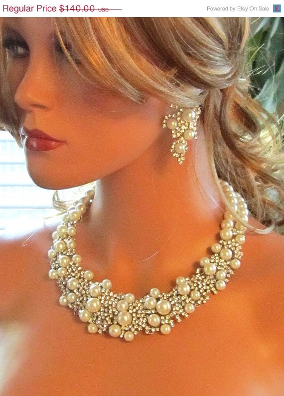 bridal statement, Bridal bib necklace , pearl rhinestone ribbon bridal necklace, bridal crystal necklace,wedding jewelry
