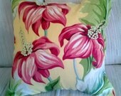 Large Red Flowers on Yellow Pillow Cover 16 Inch Square Upcycled