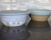 Blue and Tan textured and dripped pottery ceramic snack bowls.  Lovely gift of two ceramic bowls.