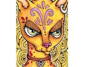 Original ACEO Cat, Yellow Guardian Cat Illustration
