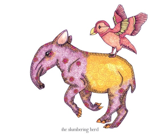Tapir and Puffin Original Art, Pink and Purple