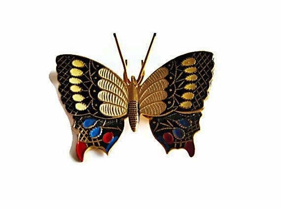 Butterfly Pin Brooch, Vintage Damascene Enamel