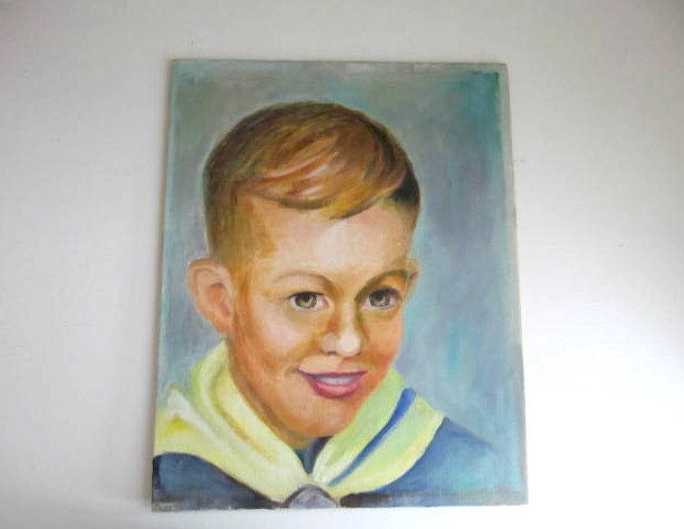 Vintage 1960s Oil Painting Portrait of a Little Boy Scout on Canvas, 8 x 10 Outsider Primitive Naive Art