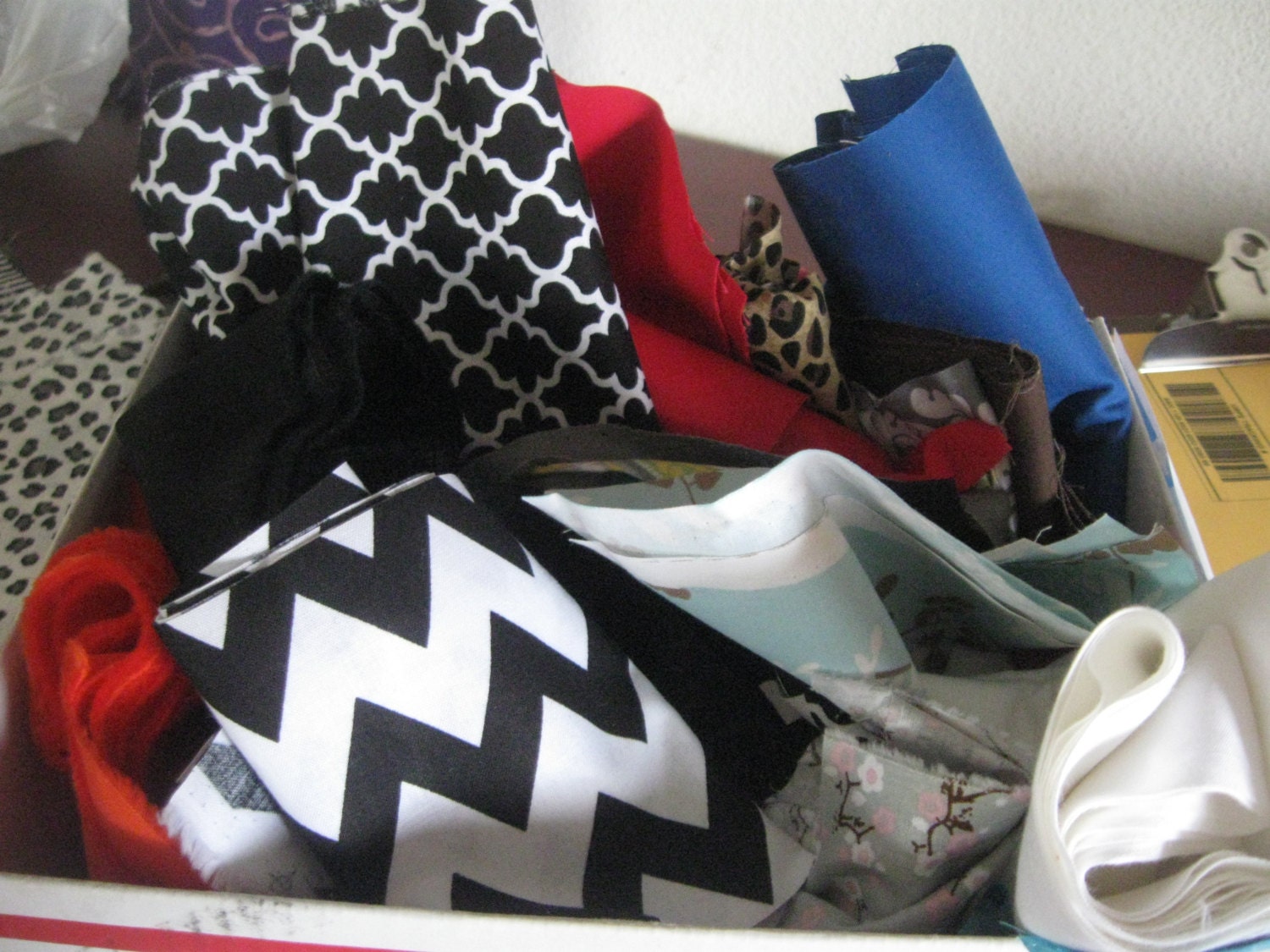 BOX FULL Fabric scraps pieces for quilting sewing doll clothes bows atr mixed media crafts
