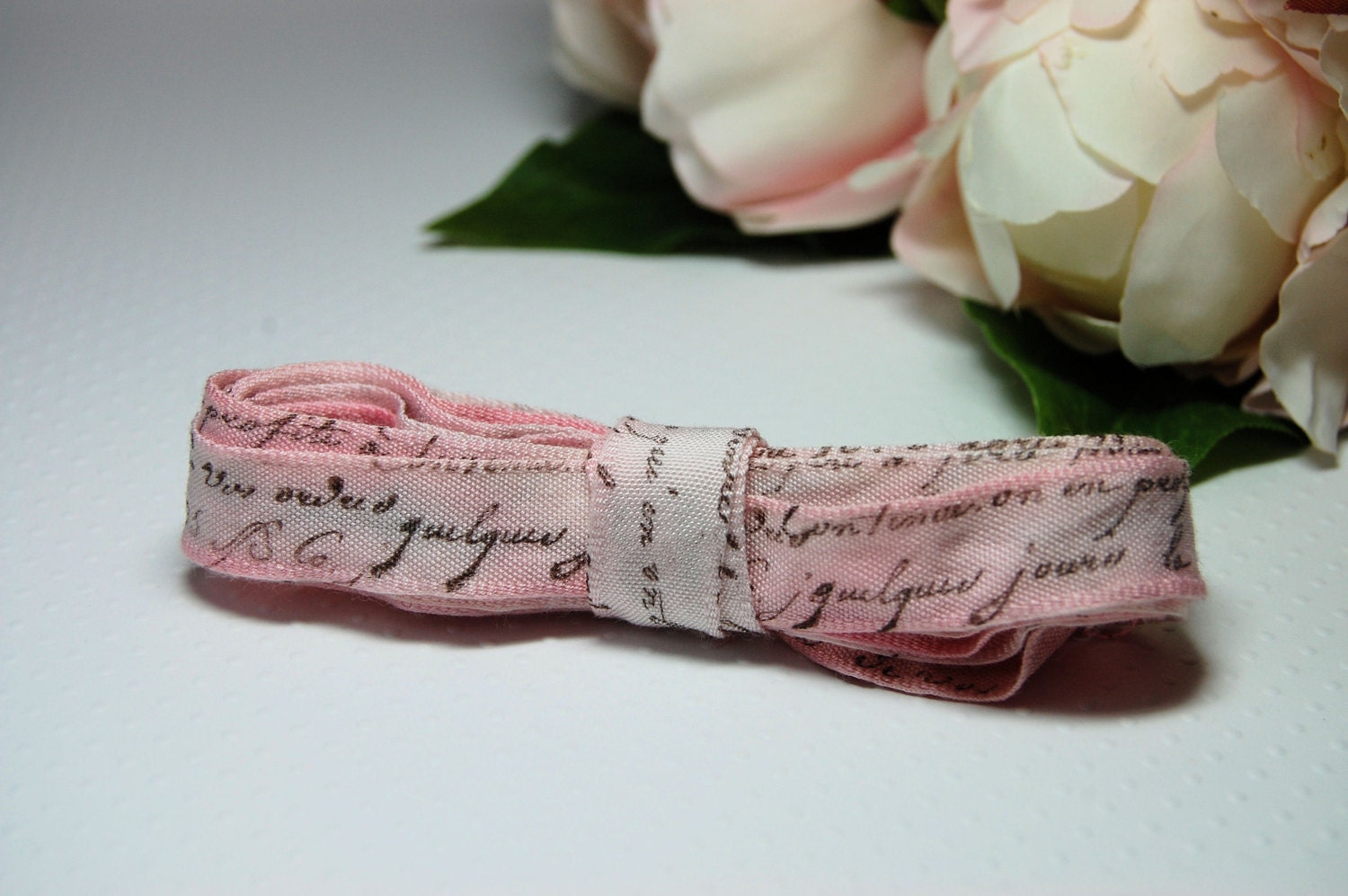 Limited Edition - Hand Dyed and Stamped French Script Cotton Seam Binding Ribbon