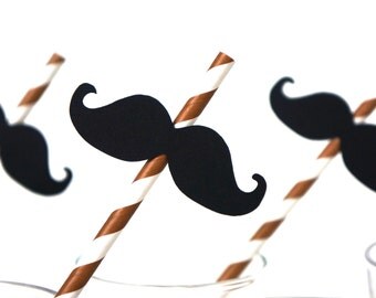 Vintage Wedding,  Mustache Straw Photo Props - Set of 5 - Mustaches on BROWN Striped Paper Straws