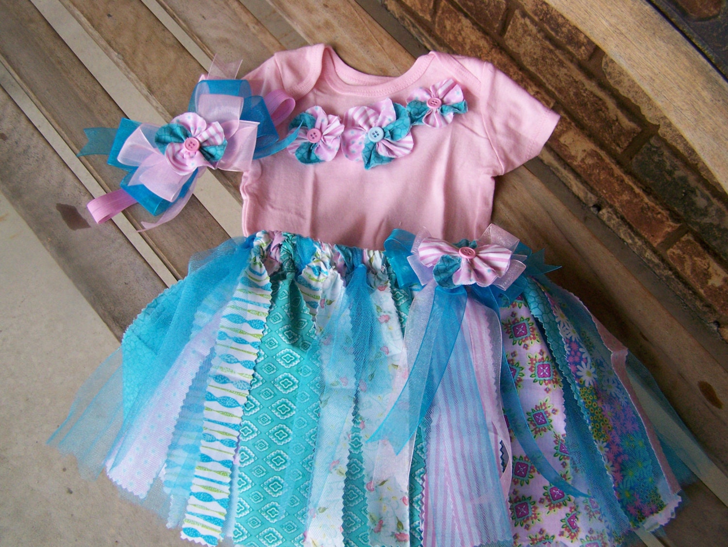 Pink aqua blue scrap tulle fabric tutu baby girl fabric tutu toddler girl fabric tutu shabby chic headband onesie