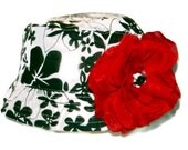 White with Black Flower Print Baby Girls Bucket Hat Sun Shade Bonnet Ribbon Style with Red Flower Accent Nautical