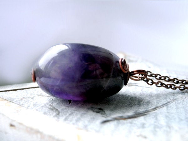 Amethyst Gemstone Necklace - Plum Purple Druzy Necklace - Copper Long Chain Necklace - Natural Pagan Tribal - Primitive Minimalist Geode