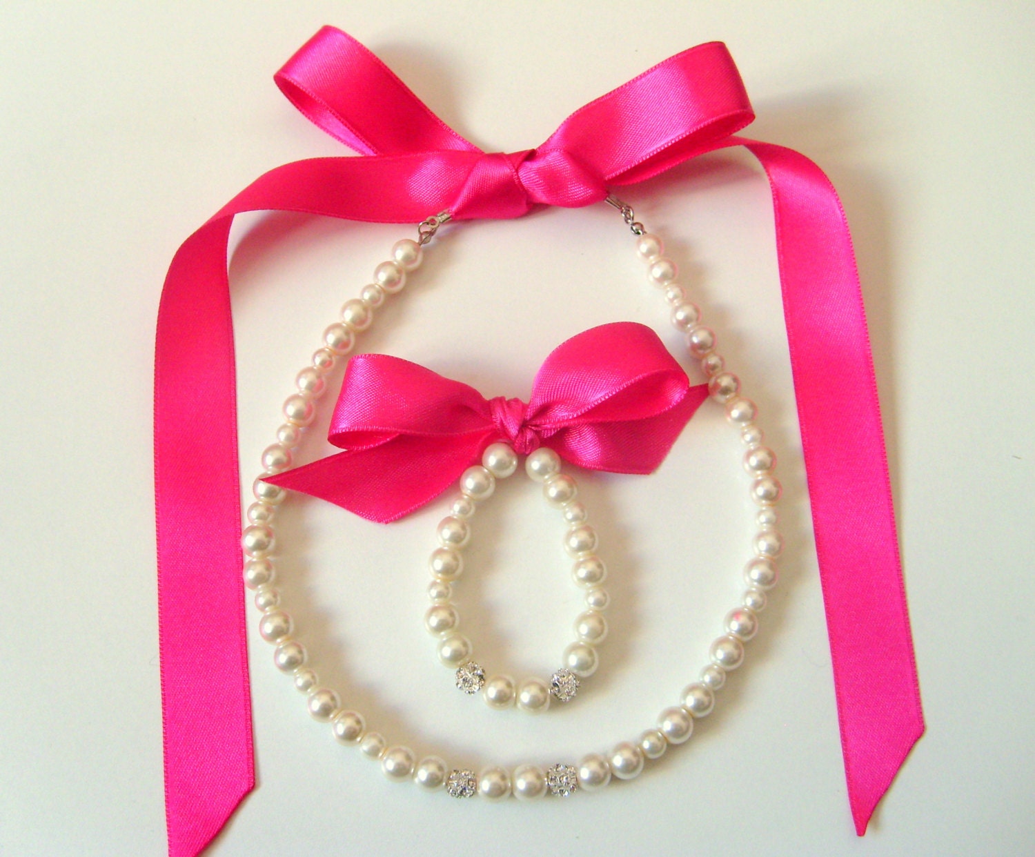 Flower girl jewelry set ribbon adjustable necklace and stretchy bracelet with swarovski crystal balls wedding jewelry  flower girl gift