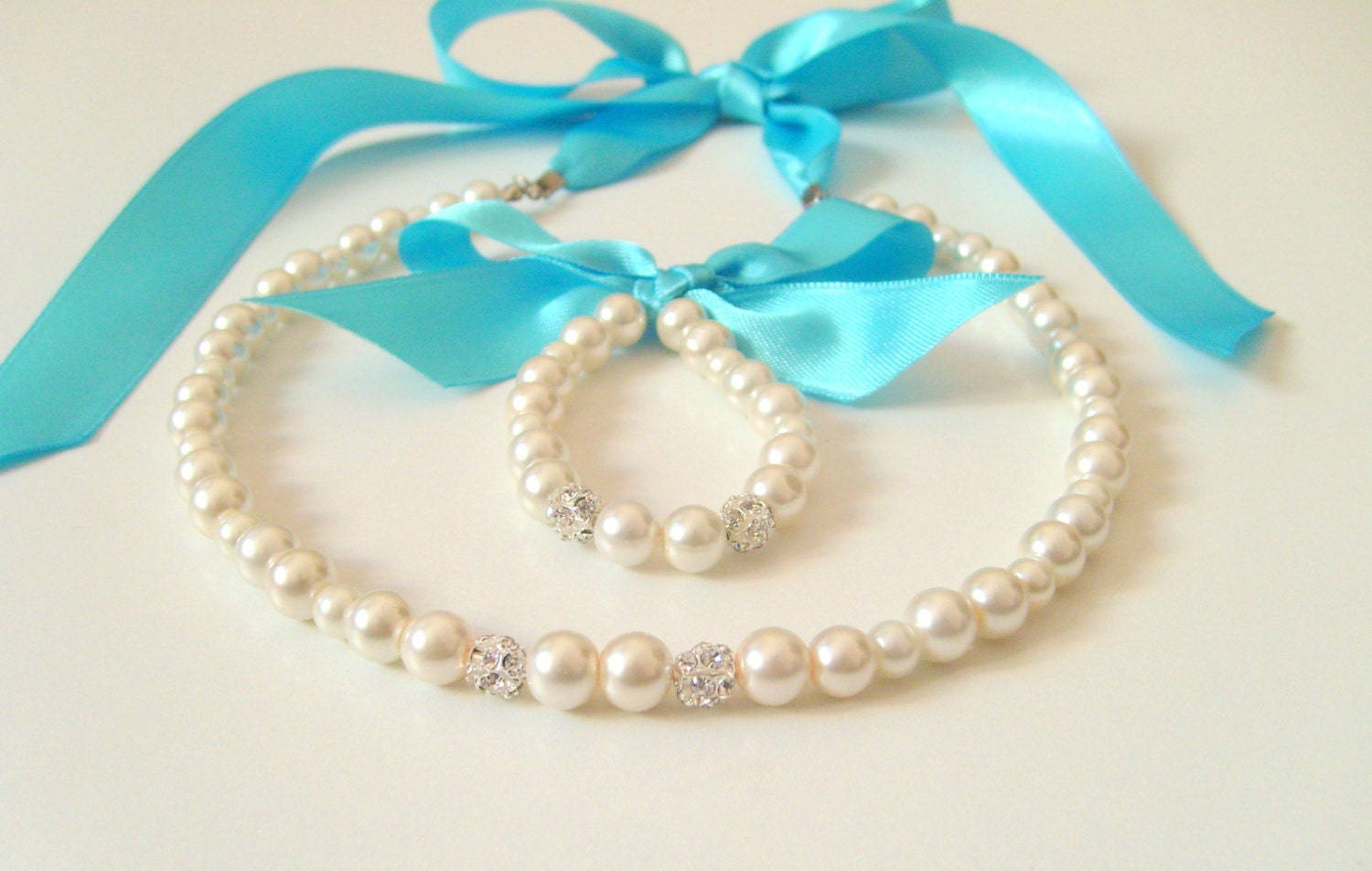 Flower girl jewelry set ribbon adjustable necklace and stretchy bracelet with swarovski crystal balls wedding jewelry  flower girl gift