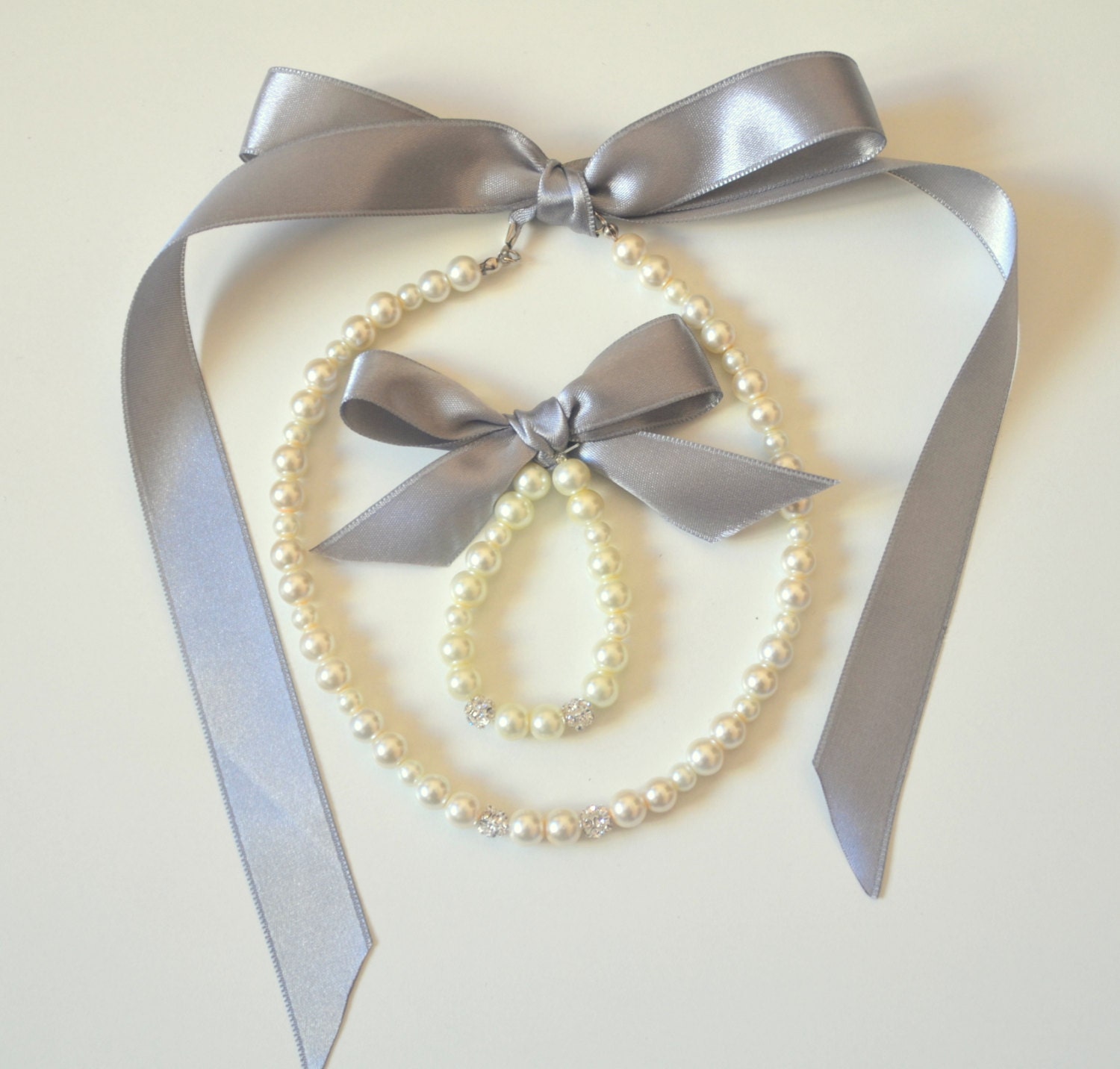 Flower girl jewelry set ribbon adjustable necklace and stretchy bracelet with swarovski crystal balls wedding jewelry  flower girl gift