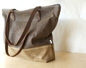 Waxed Canvas Zip Tote - Weather Resistant - Leather Straps - 2 Toned - Stripes - Zippered Top