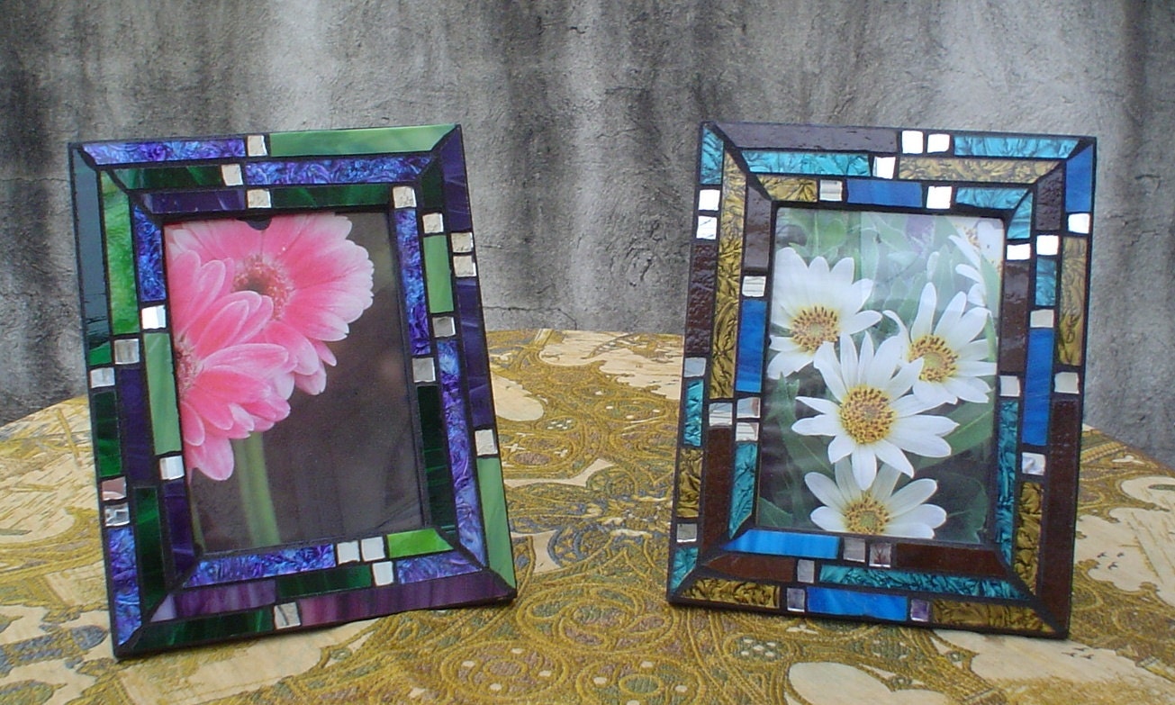 Mosaic Picture/Photo Frame: 5" x 7" Rainbow Stained Glass Green Purple Mirror