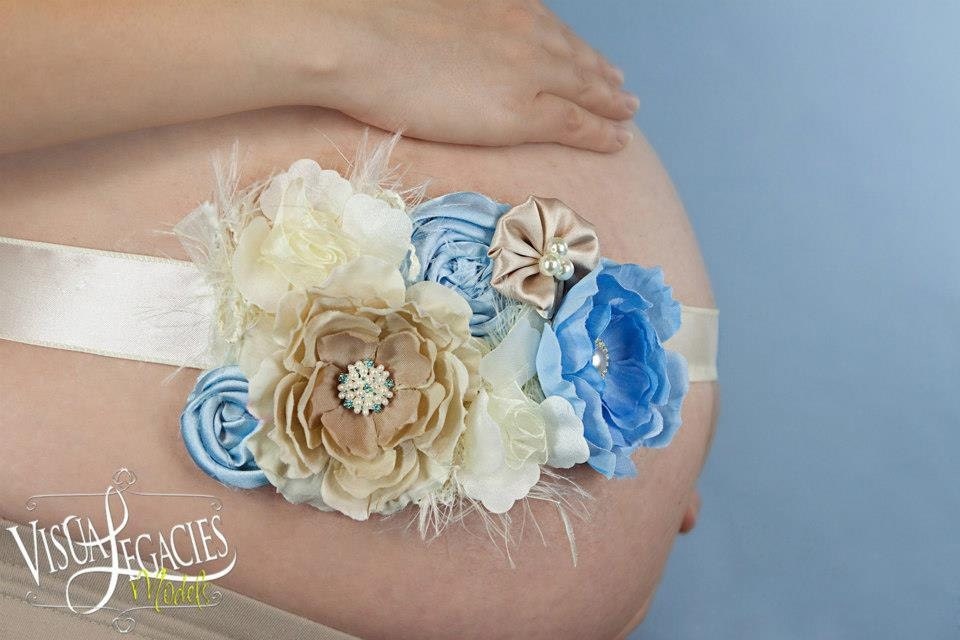 It's a Boy - Vintage Blue, Ivory and Beige Maternity Sash- Maternity Belt- Photography Prop