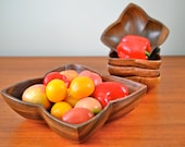 Set of 5 Vintage Clover Shaped Teak or Monkeypod Wood Salad Bowls, Large Serving Bowl, Midcentury, Kitchen, Dinner Party