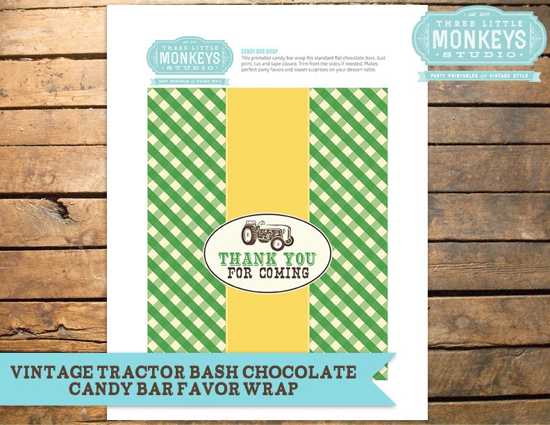 Vintage Tractor Bash Chocolate Bar Favor Wrapper - INSTANT Download
