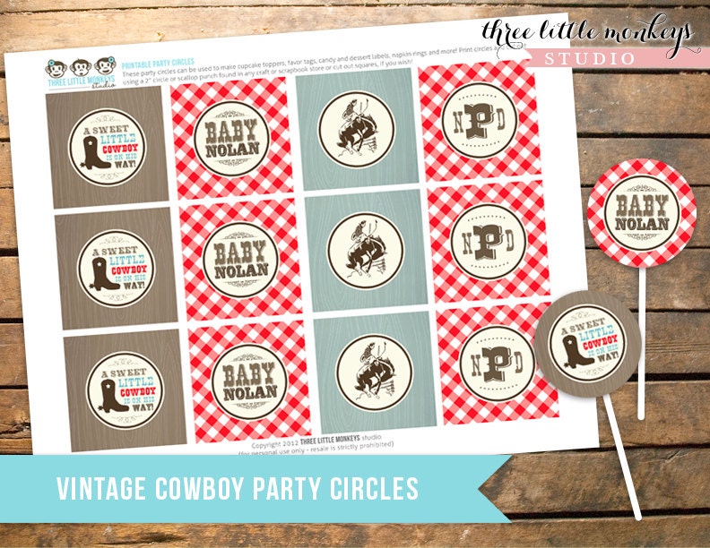Personalized Vintage Cowboy Baby Shower Party Circles - Cupcake Toppers, Gift Tags, Favor Tags and More Il_570xn