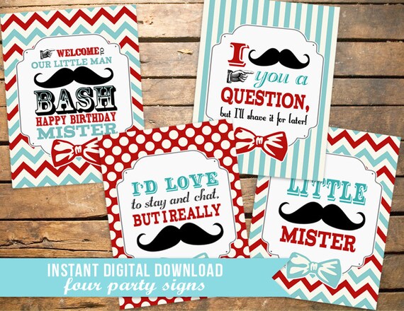 INSTANT DOWNLOAD Set of 4 Little Man Mustache Bow Tie Party Signs Il_570xn