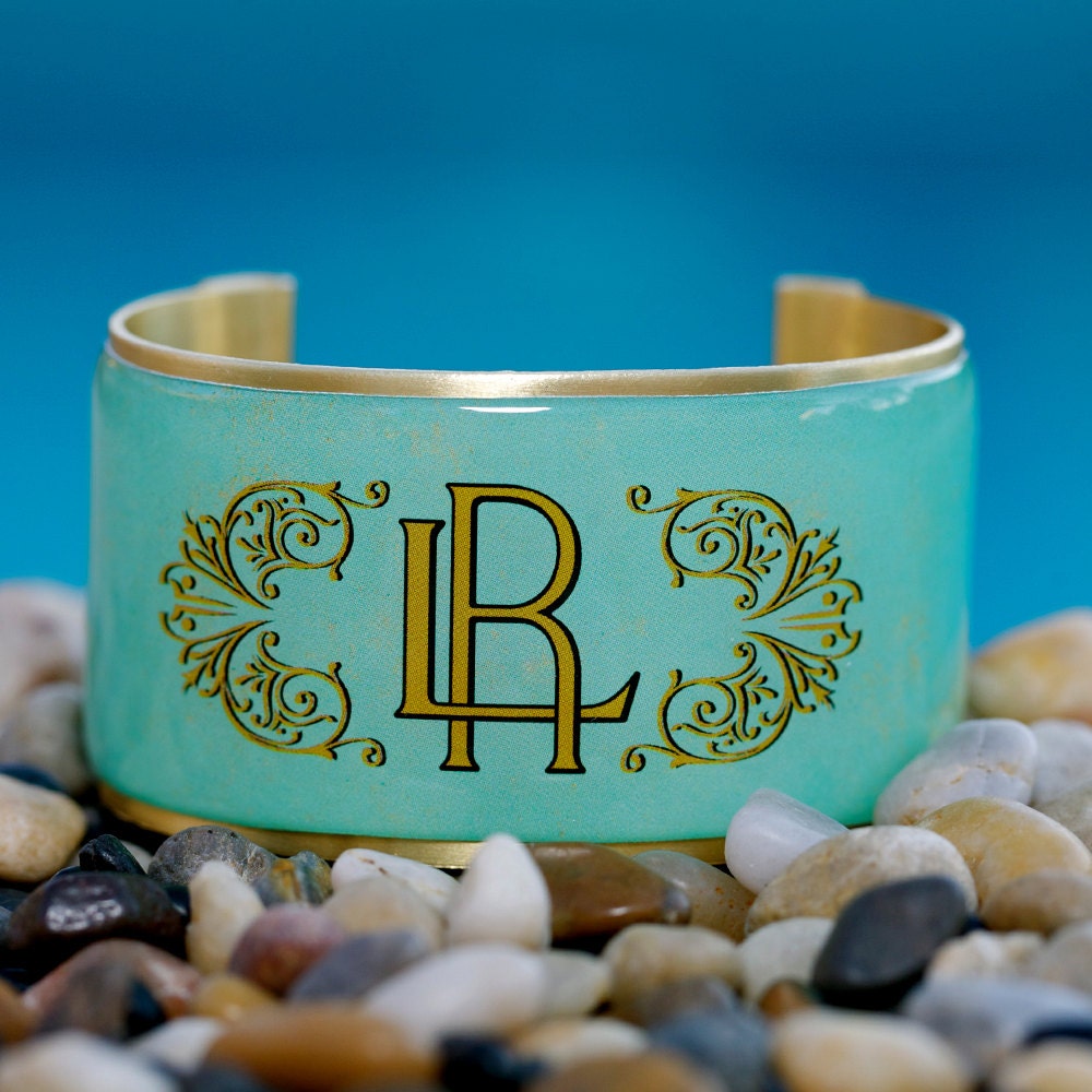 Rustic Cuff Monogram Cuff Bracelet - patina background with old monogram style - M2-05