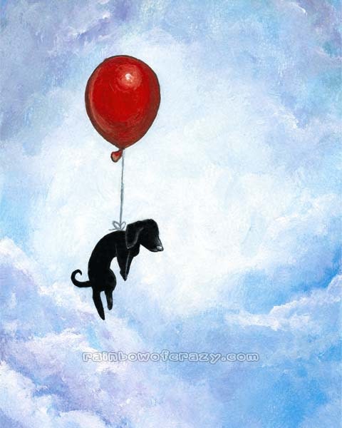 Black Dachshund Art Print, Red Balloon, 8x10 Nursery Room Artwork, Flying Dog Illustration