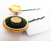 Vintage Bobby Pins - Black and Gold Button Hair Accessories - Set of Two Bobby Pins - Hair Slides - Hair Grips