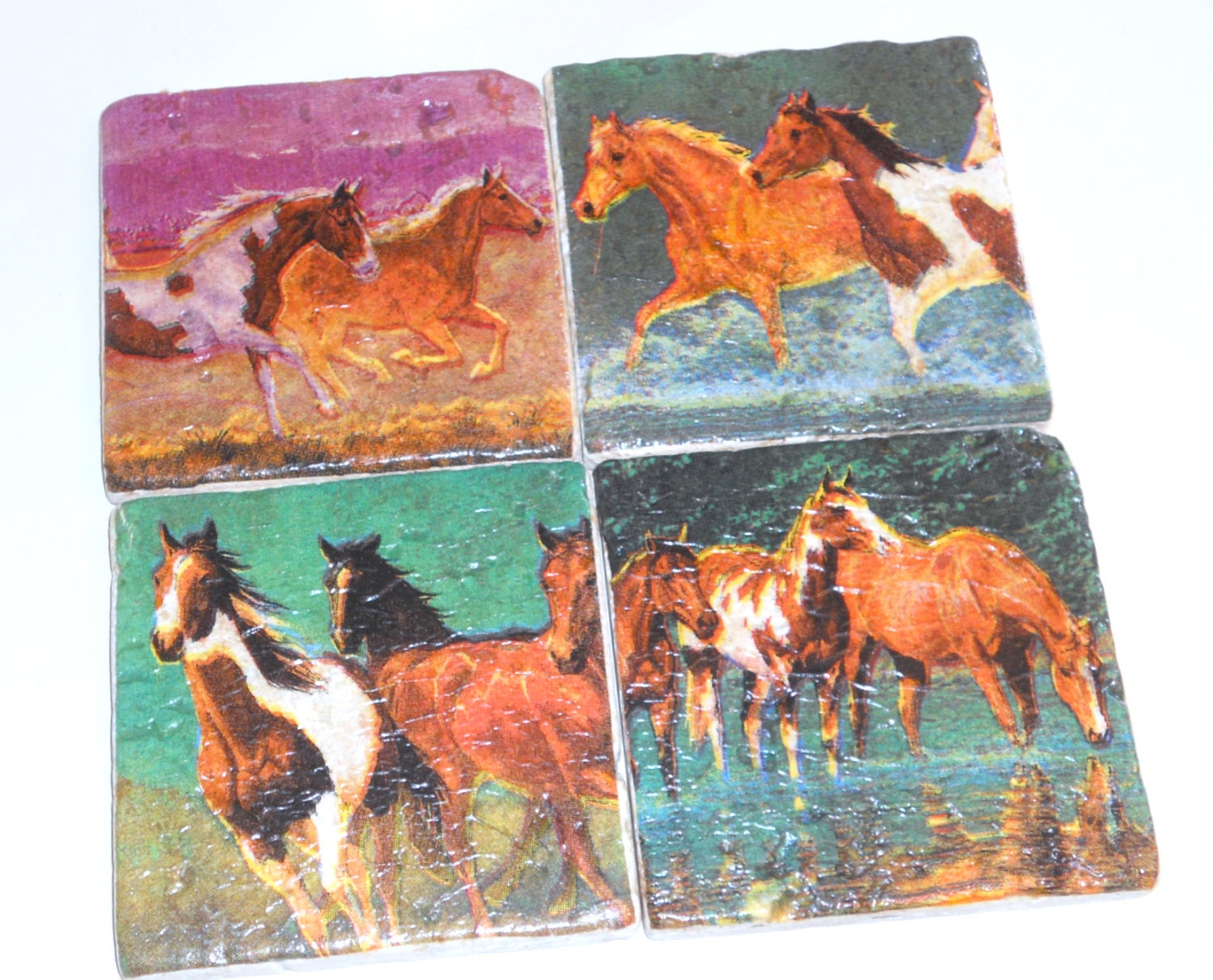 COLORFUL HORSES Tumbled Stone Coasters Set of 4