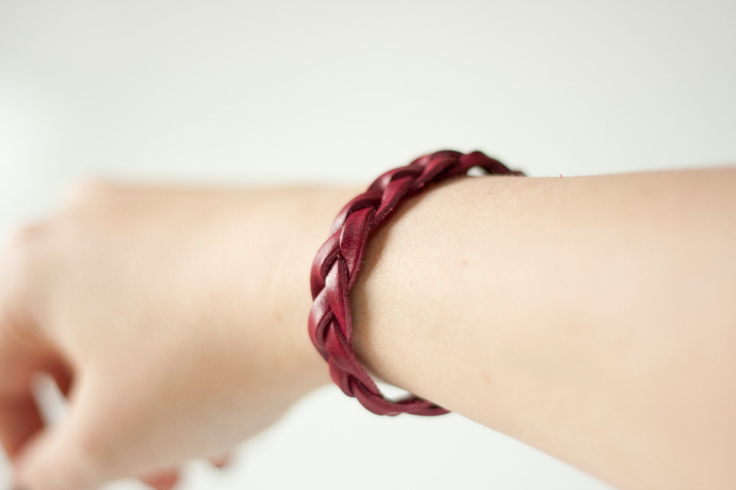 Bordeaux Burgundy Soft Leather Woven Braided Bracelet