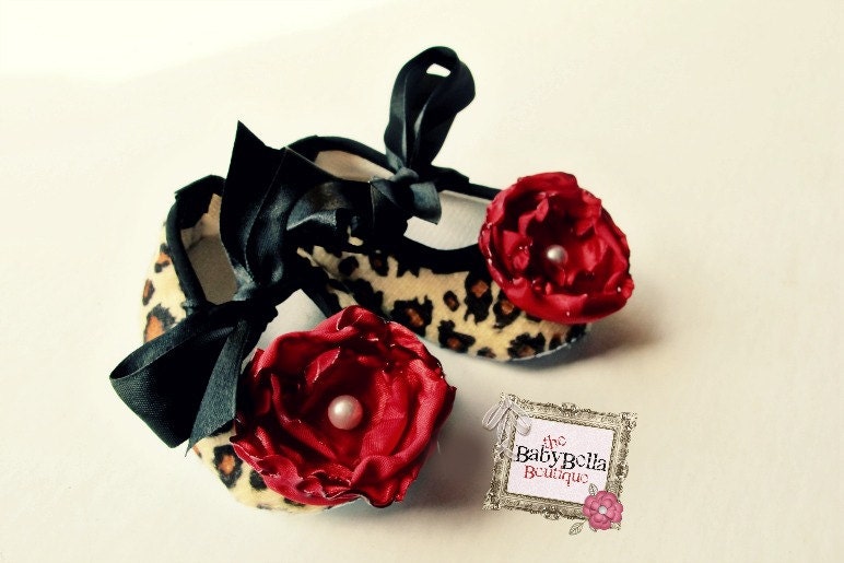 Leopard print baby girl crib shoes, with red satin flower and ribbon,- Baby booties-Ballerina shoes.infant flower shoes