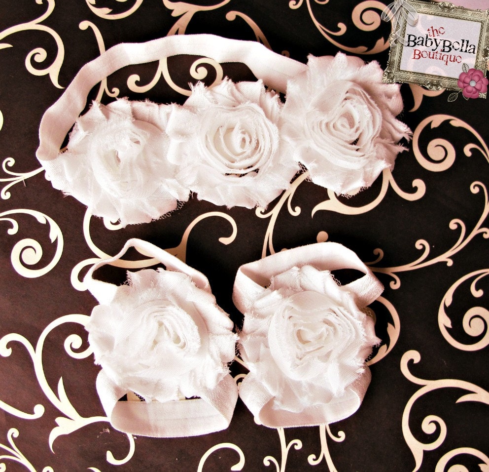 WHITE  Barefoot baby sandals and headband set ,Ready to ship.