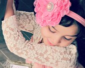 Baby  Heaband with pink lace flower  elastic headband.