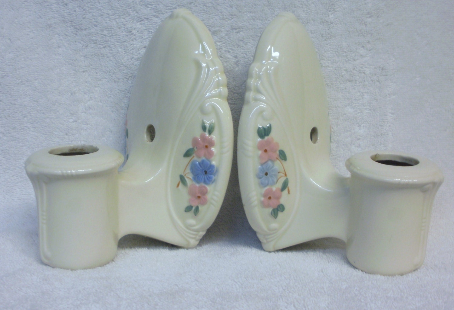SALE - Porcelier Art Deco Electric Light Wall Sconces - Pair - Ivory with Pink & Blue Flowers - Beautiful - Can be used as Candleholders