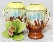 REDUCED Art Nouveau Urns, Pair Bohemian Czech Ornamental Desert Scene Camels Handled Fluted Mantle Urns Vases Czechoslovakia 1900s