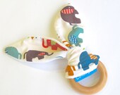 Natural Wooden Teething Ring Soother in ORGANIC 'Elephun' &  Bamboo Terry....an eco friendly gift idea from Cwtch Bugs