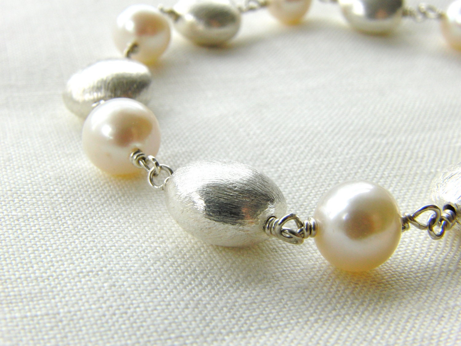 Brushed Sterling SIlver and Freshwater Pearl Bracelet