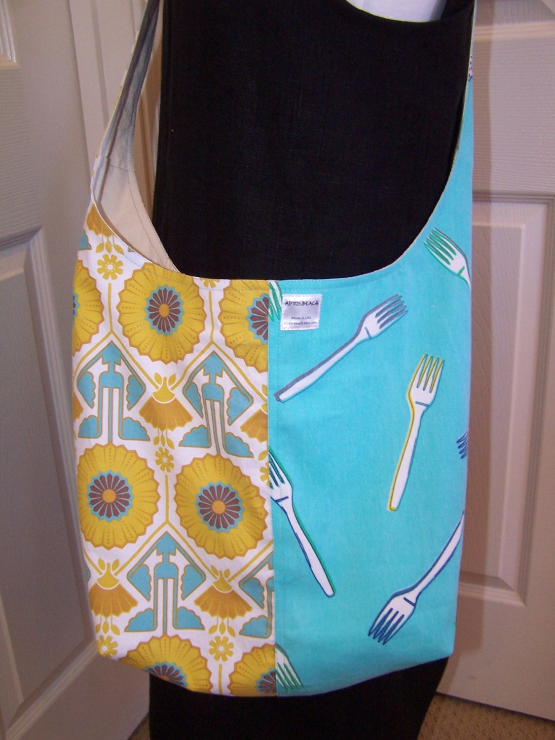 Forks and Flowers Cross Body Sling Bag, Canvas Lined Bike Bag, Bucket Sling Tote, Two Tone Market Tote Bag