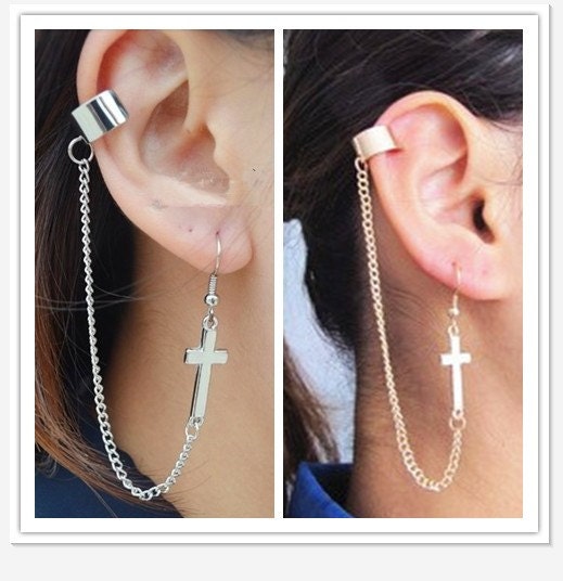 Cross Earring- Golden/Silvery Chain Dangle small Cross Ear Cuff Clip Stud Wrap Earrings PIERCING, punk gothic rock modern fashion chic girly
