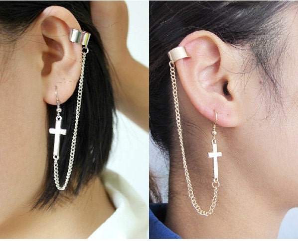 Cross Earring- Golden/Silvery Chain Dangle small Cross Ear Cuff Clip Stud Wrap Earrings PIERCING, punk gothic rock modern fashion chic girly