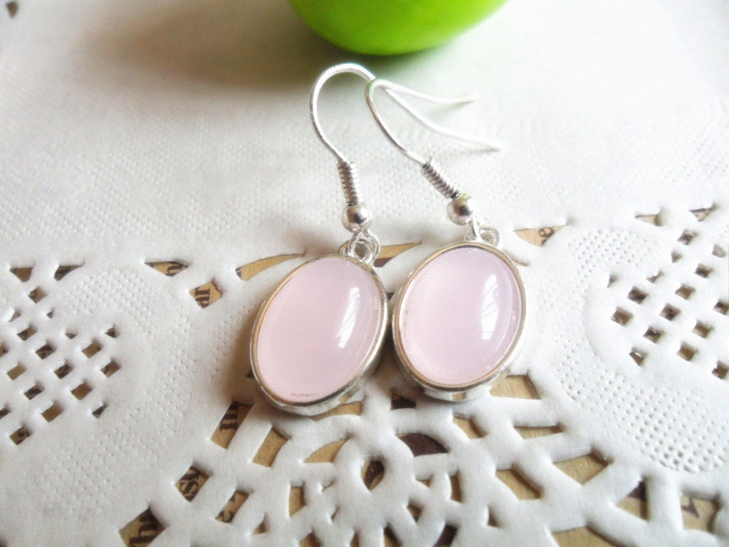 Rose Quartz Earring- Dainty Soft Pink Rose Quartz Pastel Oval Gem Silvery Gemstone Dangle Girly Earring, bridesmaids Wedding Bridal  jewelry