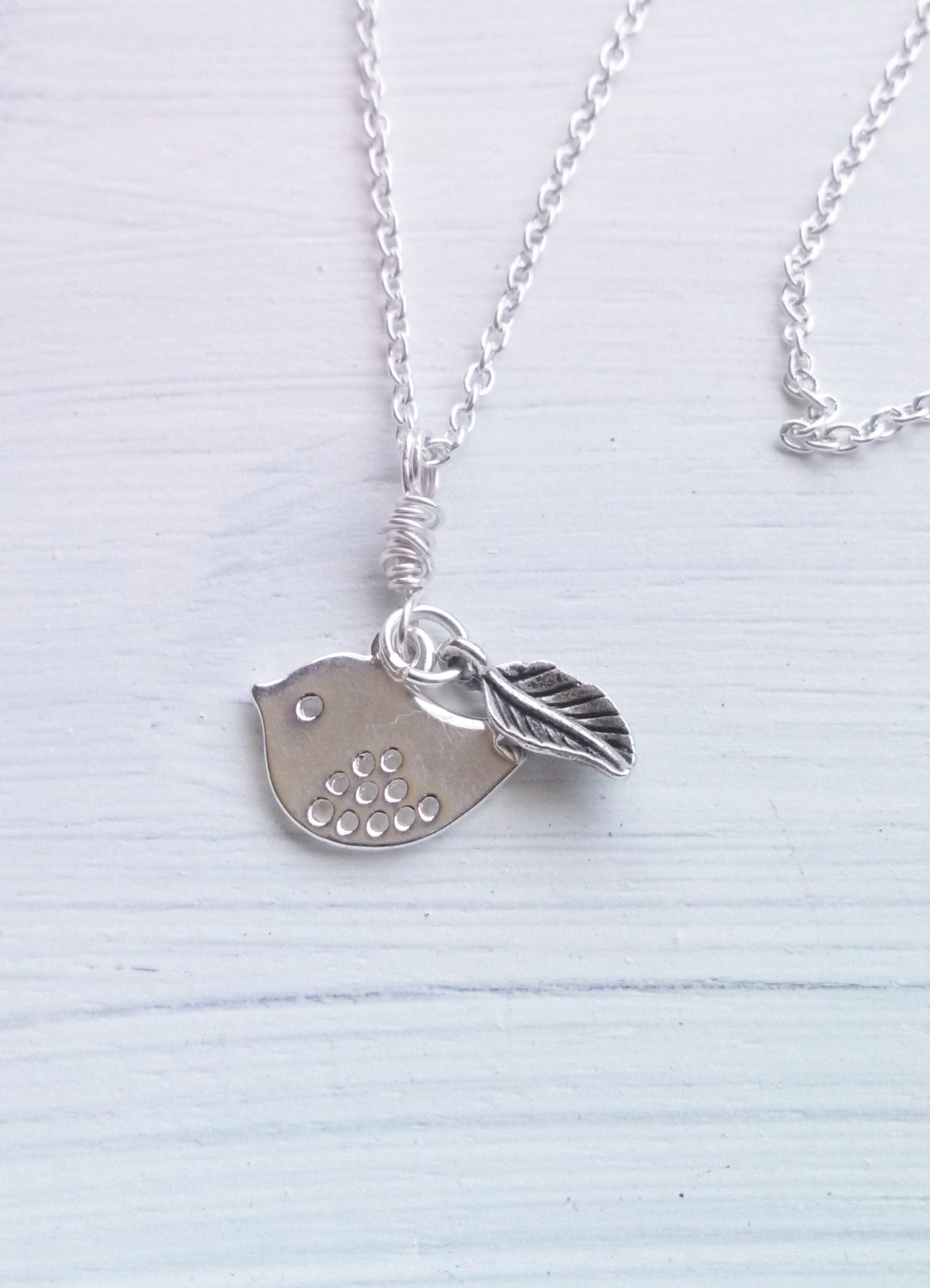 Sterling Silver Plated Sparrow Bird Necklace With Antique Silver Leaf Accent and Is Wire Wrapped, Wrapped Jewelry  Handmade Jewelry