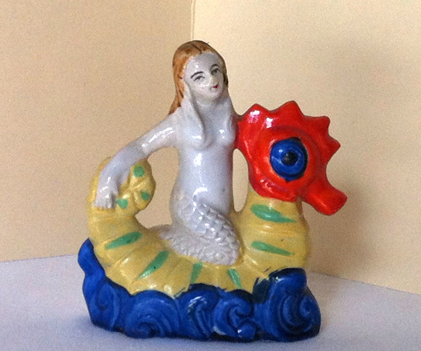 Vintage Happy Mermaid n Seahorse porcelain aquarium ornament figurine Japan Rare