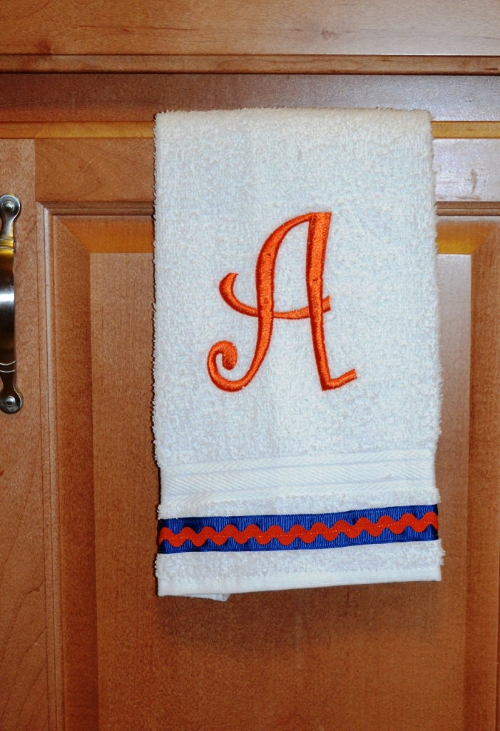 SALE - Orange and Blue 'A' Embroidered Kitchen Towel