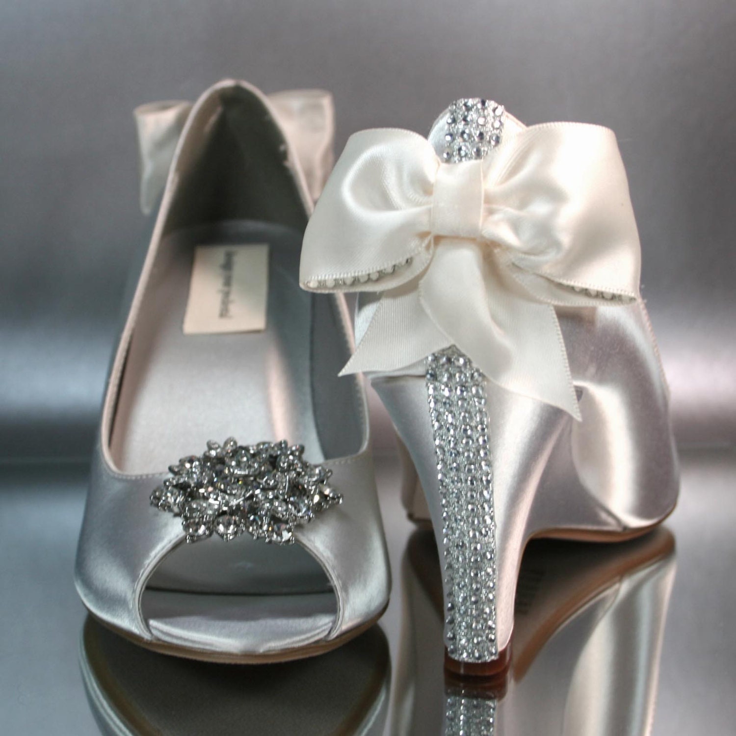 Wedding Shoes -- Ivory Wedges Matching Ivory Bow, Crystal Detailing on Heel and Crystal Embellishment on Toe