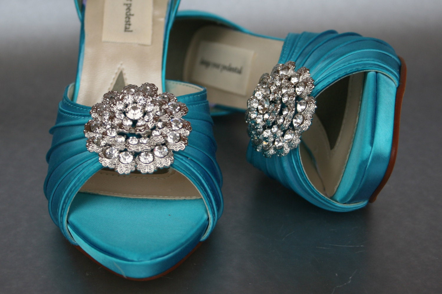 Wedding Shoes -- Oasis Blue Peeptoes with Rhinestone Embellishment and Red Painted Sole