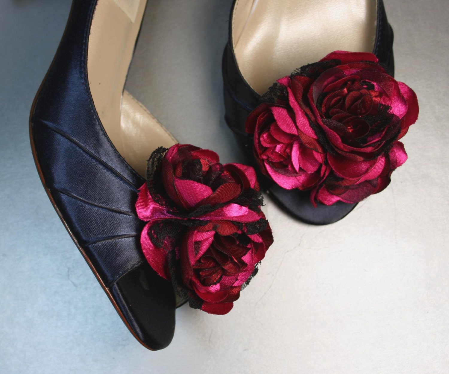 SAMPLE SALE Custom Wedding Shoes -- Navy Blue Peeptoes Red and Pink Flower Adornment -- Size 7.5 Only